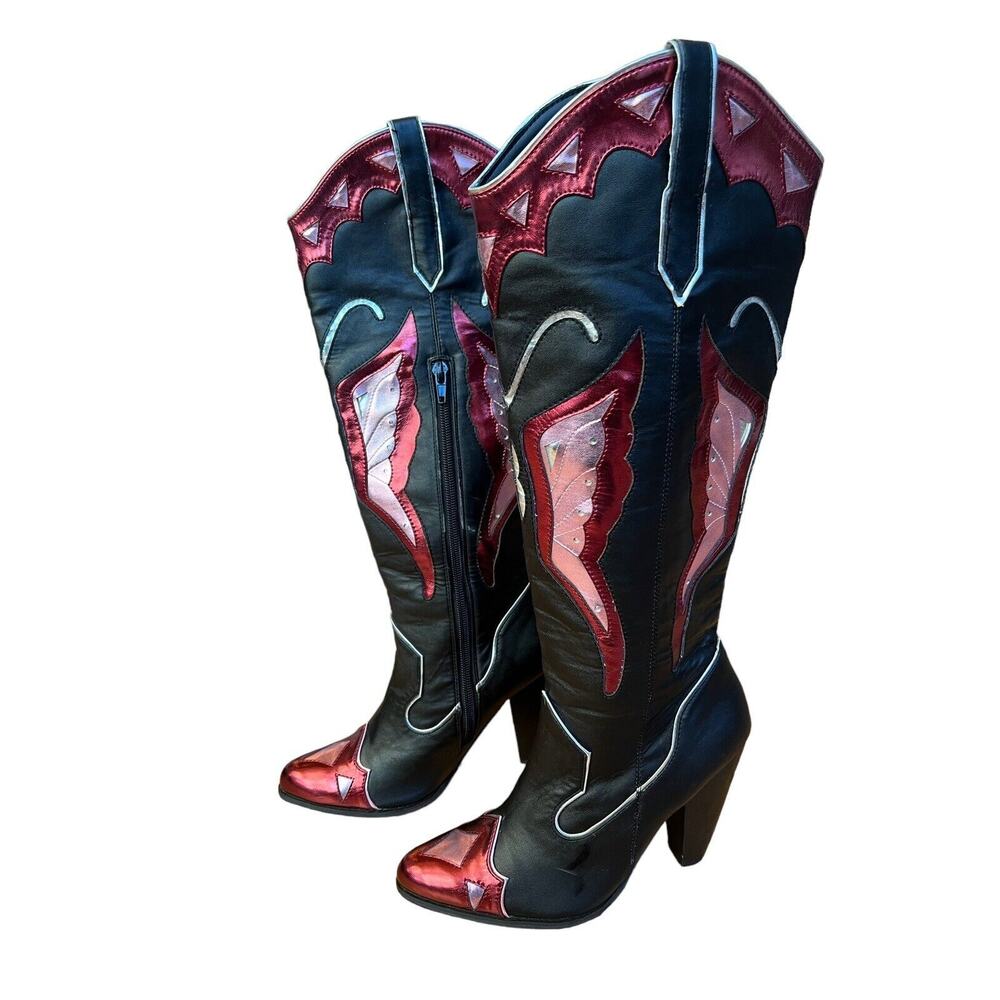 Current Mood Black Pink Shimmer Butterfly Cowboy Boots Size 6